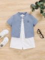 SHEIN Baby Boys' & Baby Girls' Casual Outdoor Short Sleeve Button Down Shirt, Vest, Monochrome Shorts 3pcs Set