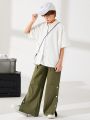 SHEIN Kids KDOMO Tween Boys Casual Japanese And Korean Style Patch Pocket Straight Loose Wide Leg Ankle Four-Button Woven Trousers