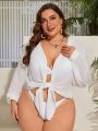 SHEIN Swim Classy Plus Size Solid Color Kimono With Front Buckle Closure And Lantern Sleeve