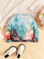 SHEIN Baby Girls' Lovely Cat Oil Painting Pattern Long Sleeve Round Neck Sweatshirt