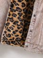 Girls' Casual Shirt Collar Denim&leopard Print Jacket With Added Fleece Lining, Medium Thickness