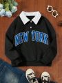 SHEIN Kids Academe Tween Girls Polo Collar Letter Print Sweatshirt