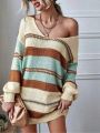 SHEIN Essnce Women's Plus Size Stripe V-Neck Drop Shoulder Casual Sweater