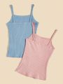 SHEIN Teenagers' Knitted Slim Fit Vacation Camisole Tops, 2pcs/Set
