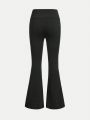 SHEIN Teen Girls' Knitted Solid Color Folded Wide-leg Pants With Slit Hem And Pleated Design