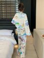 DAZY Women's Ocean Animal Printed Pajama Set With Collar, Pocket Design