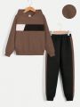 SHEIN Kids SPRTY Boys' Casual Comfortable Contrast Color Fleece-lined Hoodie And Sweatpants Set