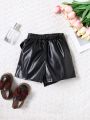 SHEIN Kids CHARMNG Little Girl'S Woven Solid Color Knotted Side Wrap Pu Leather Casual Short Skort