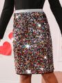 SHEIN Kids Cooltwn Tween Girls' Sparkly Back Slit Beaded A-Line Skirt