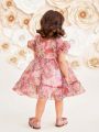 SHEIN Mother & Baby Girls' Romantic Floral Pattern Organza Ruffle Sleeve Dress