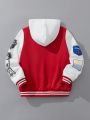 SHEIN Kids HYPEME Boys' College-Style Sport Baseball Jacket With Badge & Print & Patchwork Design Hoodie