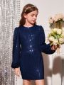 SHEIN Tween Girls' Romantic Party Dress With Beaded Details And Lantern Sleeves