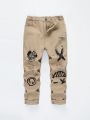 Tween Boy Letter & Cartoon Graphic Ripped Jeans