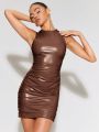 SHEIN BAE Ruched PU Leather Bodycon Dress