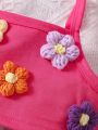 Baby Girl'S 3d Flower Decorated Tank Top And Pleated Skirt