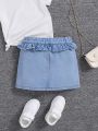 SHEIN Young Girls' High Waist Elastic Waistband Ruffle Decor Comfortable Soft Casual Stylish Denim Skirt
