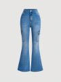 SHEIN New Y2k Teen Girl's Streetwear Casual Tight-Fitted Elastic And Comfortable Tool Pocket Cat's Whisker Printed Denim Bell-Bottom Jeans