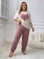 Plus Size Love Heart & Letter Embroidery Top Pure Color Pants Pajama Set