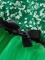 PETSIN St. Patrick's Day Green Sequin Printed Mesh Pet Tutu Dress, Cute Princess Skirt With Bow