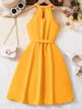 SHEIN Kids SUNSHNE Solid Color Halter Neck Dress For Tween Girls