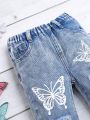 Baby Girls' Butterfly Printed Distressed Jeans