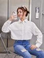SHEIN Teen Girls' Woven Solid Color Turn-down Collar Long Sleeve Casual Shirt
