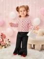 Elegant, Cute And Fashionable Baby Girl Suit With Bell Bottoms And Love Coat Top And Cardigan
