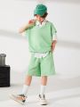 SHEIN Tween Boys' Casual Solid Color Vest, Knitted Collared Shirt And Shorts Set, Knitted Vest & Button Down Short-Sleeved Shirt 3pcs/Set