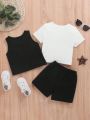 SHEIN Baby Boy Casual Knitted Letter Pattern Short Sleeves Top & Vest & Elastic Waist Shorts 3pcs Outfits