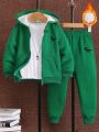 SHEIN Kids EVRYDAY Toddler Boys' Hooded Fleece Jacket With Dinosaur Embroidery & Long Pants Set