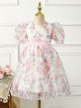 SHEIN Kids Nujoom Single Piece Toddler Girls' Chiffon Puff Short Sleeve Floral Dress For Summer