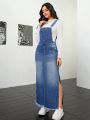 SHEIN Privé Denim Overalls Dress With Pocket Decoration