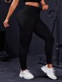 Plus Size Solid Wide Waistband Athletic Leggings