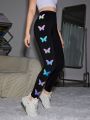 SHEIN Teenage Girls' Knitted Iridescent Butterfly Patterned Casual Leggings