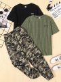SHEIN Kids EVRYDAY Tween Boys' Casual Loose Fit 2pcs Round Neck T-shirts And 1pc Camouflage Pants