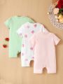 Baby Girl's 3pcs/Set Casual And Cute Strawberry Printed Short Sleeve Romper With Front Button, Loose Fit And Comfortable Elastic Soft Shorts
