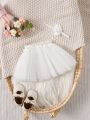 Baby Girl'S 2pcs/Set Spring Romper Dress & Headband Set In White Mesh Lace, Ideal For Photography