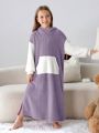 SHEIN Big Girls' Sweet Casual Contrast Color Hooded Fleece Sweatshirt Dress