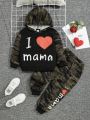 SHEIN Kids EVRYDAY Toddler Boys' Cute & Comfortable English Printed Color-blocked Camouflage Hoodie And Sweatpants Set