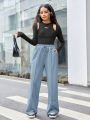 Teenage Girls' Knitted Solid Color Loose Fit Sports Joggers With Slant Pockets