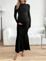 SHEIN Maternity Solid Color Sheer Mesh Patchwork Bodycon Dress