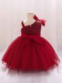 Infant Girls' Irregular Collar Dress With Big Bowknot Decoration And Mesh Overlay Party Dress