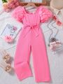 SHEIN Kids CHARMNG Young Girl 3D Flower Detail Mesh Puff Sleeve Belted Jumpsuit