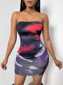 SHEIN SXY Women's Tie Dye Pleated Strapless Dress
