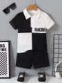 SHEIN Kids Academe 2pcs/Set Toddler Boys' Contrast Color Polo Shirt & Shorts Set With Letter Print