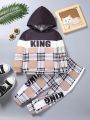 Toddler Boys' Casual Plaid Hooded Sweatshirt With Spliced King Letter Graphic Print And Pants Set, Spring/summer/autumn