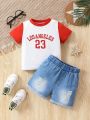 2pcs Baby Boys' Round-Neck Contrasting Letter Print T-Shirt And Denim Shorts Set, Trendy And Stylish