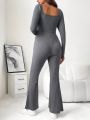 SHEIN Maternity Square Neck Ribbed Knit Flare Leg Jumpsuit