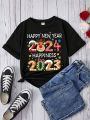 Teen Girls' Casual New Year 2024 Printed Short Sleeve T-Shirt, Suitable For Summer