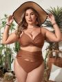 SHEIN Swim Classy Women's Plus Size Solid Color Ruffle Bikini Swimsuit Set